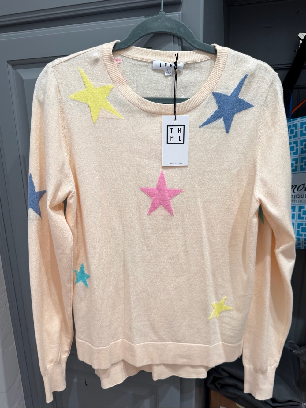 THML Cream Crewneck Sweater with Multicolor Star Motifs